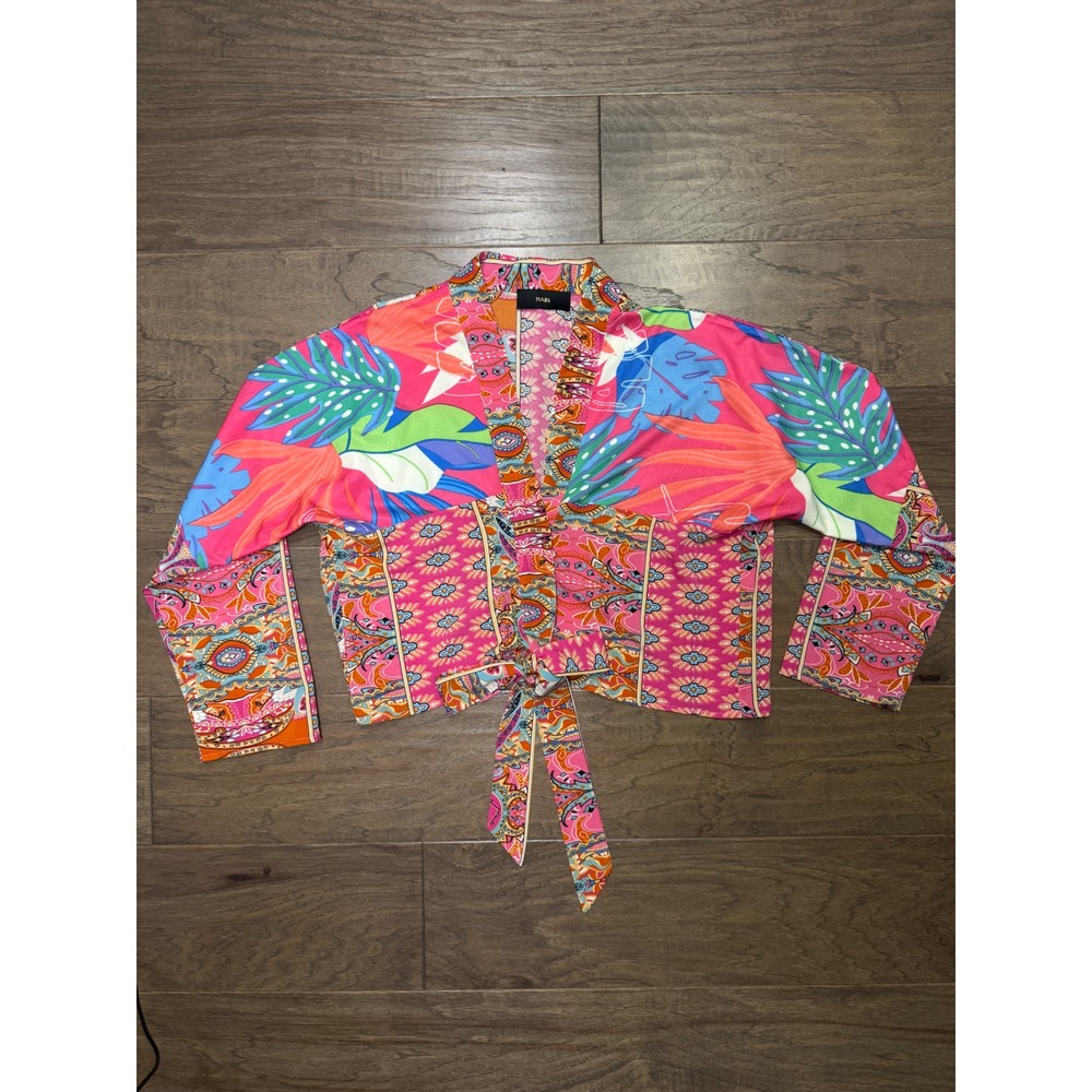 Rain Pink Paisley Tropical Floral Print Cropped Tie Front Jacket Snap‎ Button L